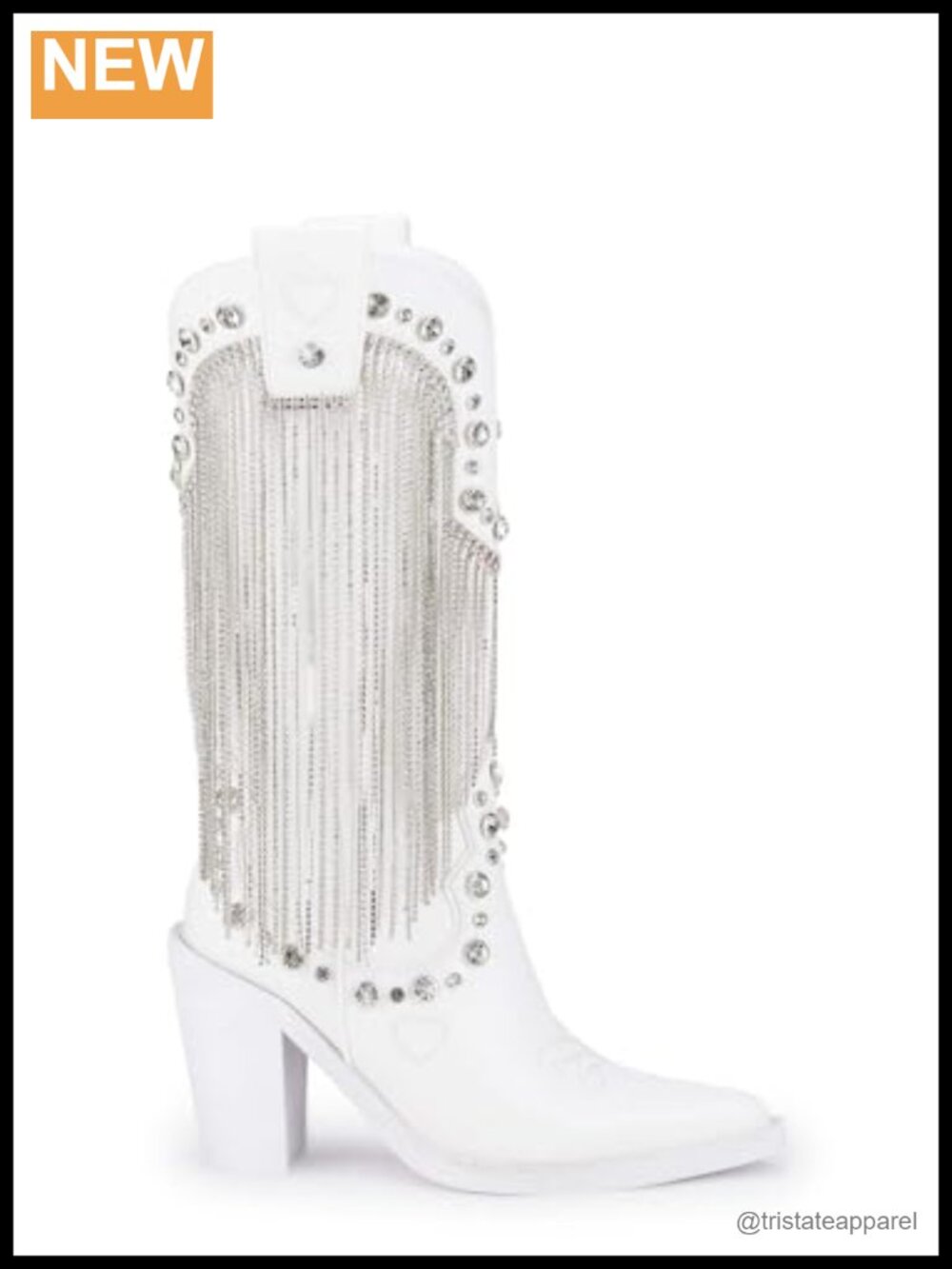 Vegan Leather Cowboy Boots with Rhinestone Fringe and Jewel Studs, Mid Heel